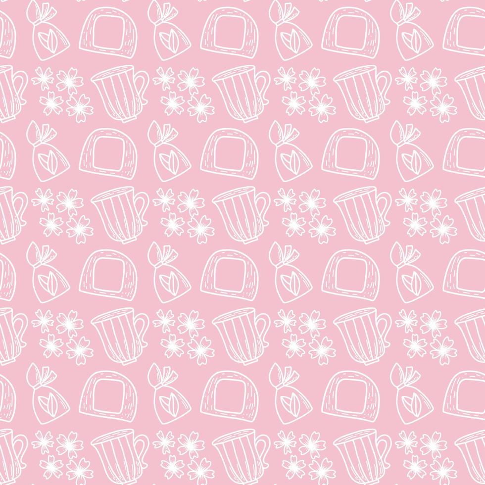 Vector seamless pattern. Japanese sweet food cake. Cup for tea, fruits, leaf, bag, dessert, heart, flowers, ice cream. Cute kawaii character icon of mochi. For fabric, printing, cards, online shops.