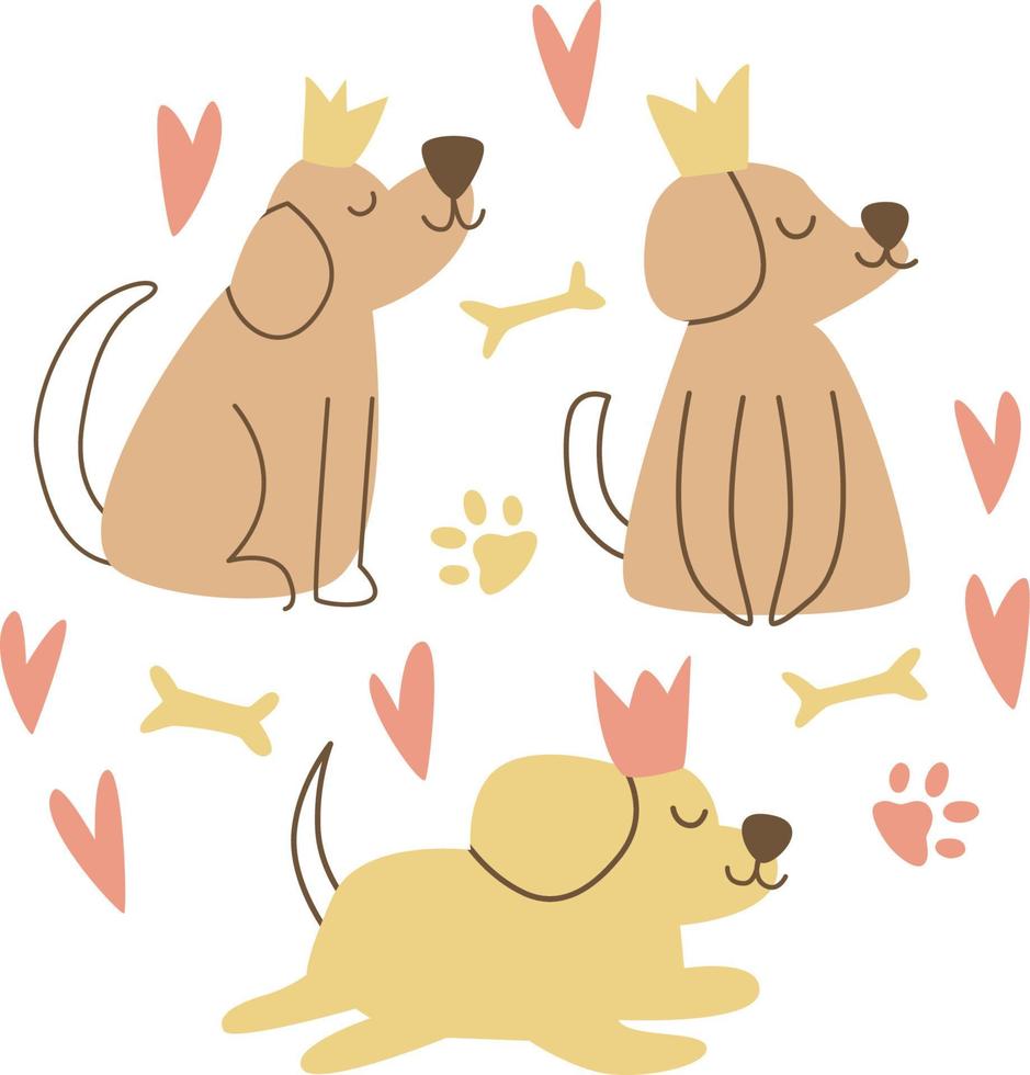 conjunto vectorial de elementos. lindos perros con coronas y huesos. mascotas, patas, orejas, nariz. animales divertidos en estilo de dibujos animados. mascotas alegres para imprimir en tela y papel, publicaciones en redes sociales y pancartas. vector