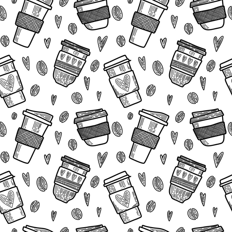 Vector seamless pattern. Outline Illustrations of reusable cups. Coffee and tea mugs for take away drinks. For advertising social media posts printing on paper and fabric.