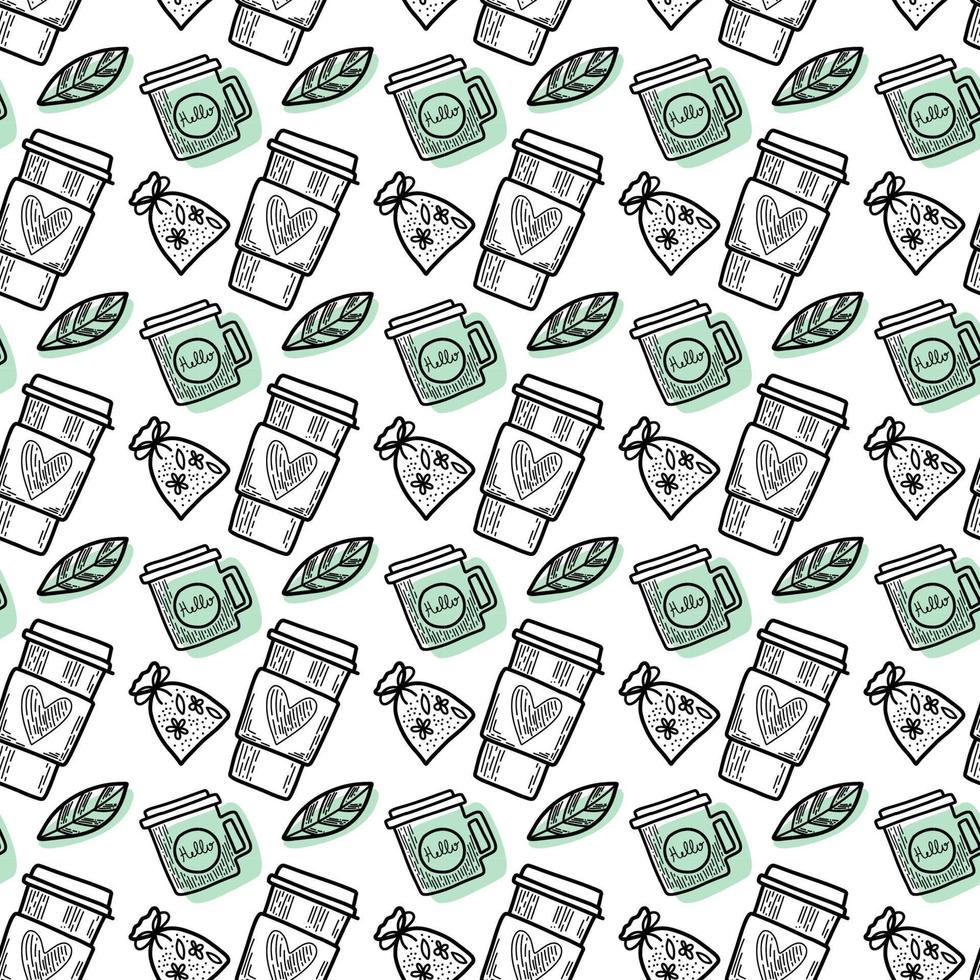 Vector seamless pattern. Outline Illustrations of reusable cups. Coffee and tea mugs for take away drinks. For advertising social media posts printing on paper and fabric.
