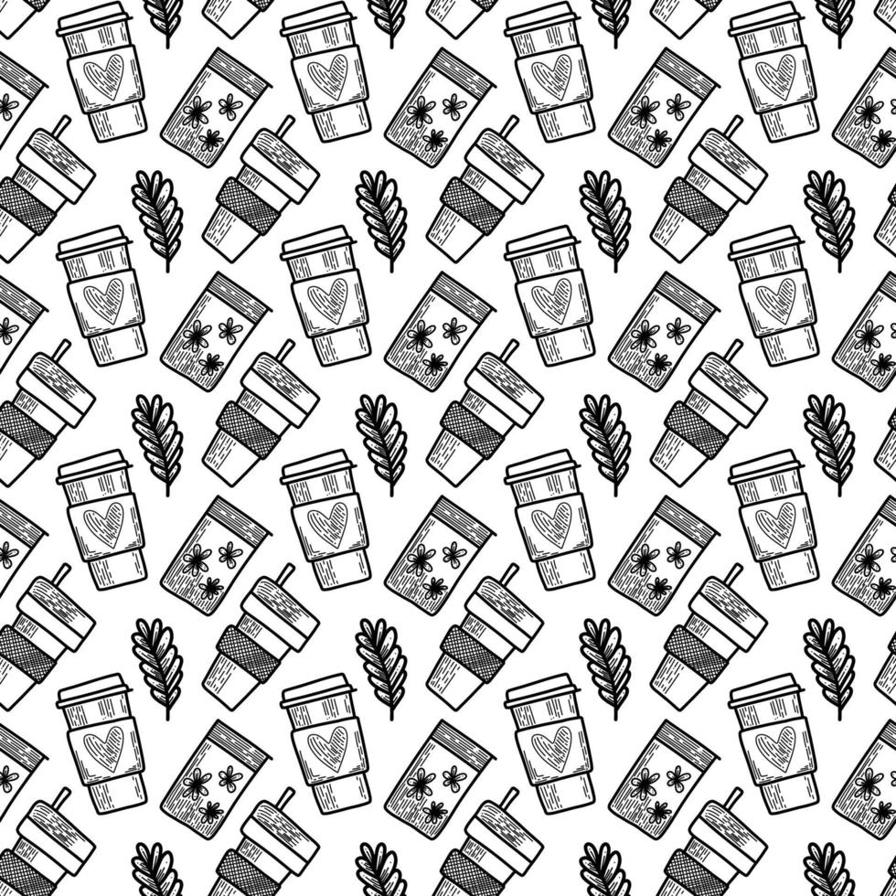 Vector seamless pattern. Outline Illustrations of reusable cups. Coffee and tea mugs for take away drinks. For advertising social media posts printing on paper and fabric.