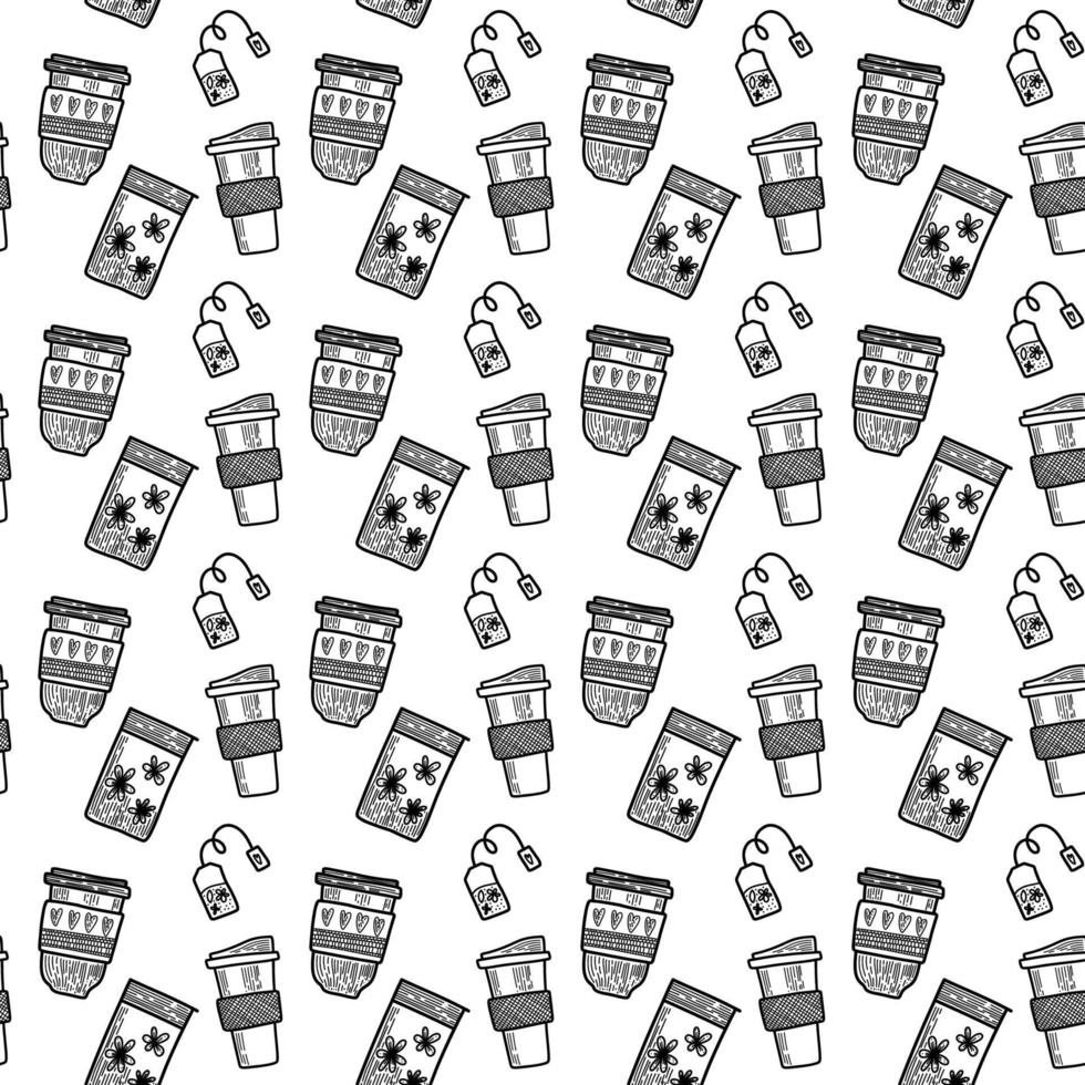 Vector seamless pattern. Outline Illustrations of reusable cups. Coffee and tea mugs for take away drinks. For advertising social media posts printing on paper and fabric.