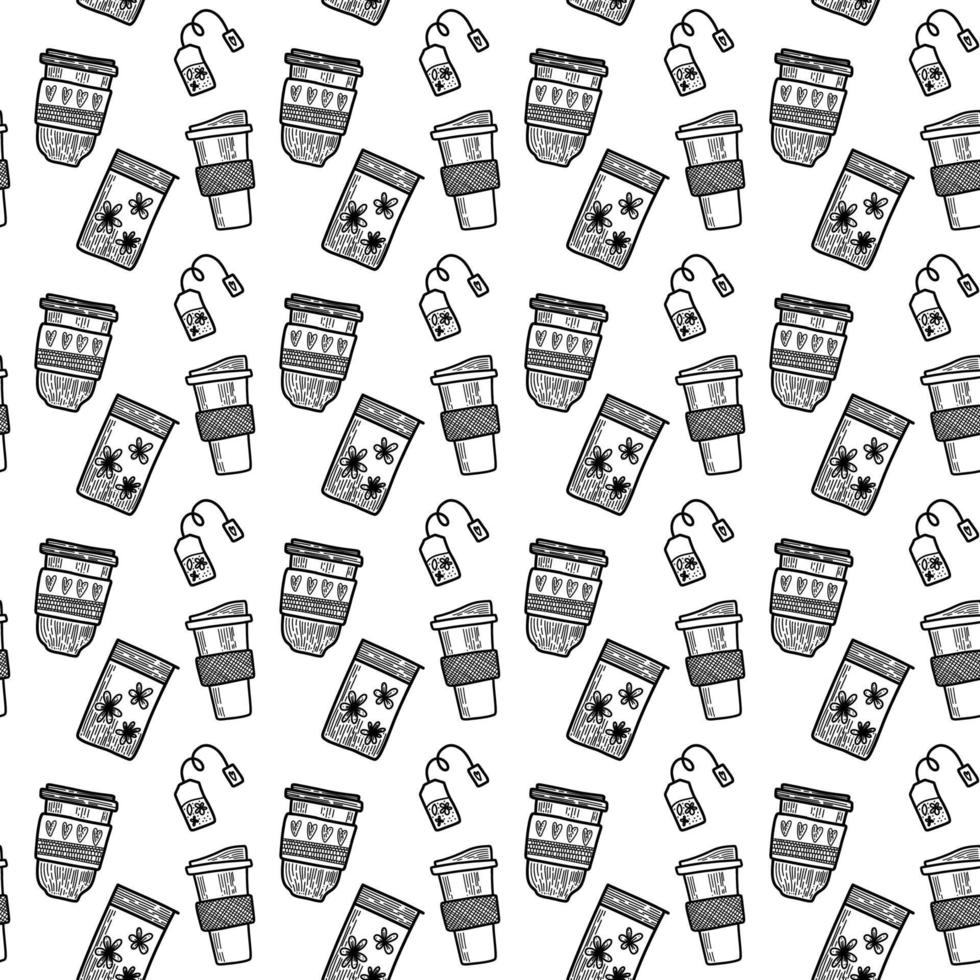 Vector seamless pattern. Outline Illustrations of reusable cups. Coffee and tea mugs for take away drinks. For advertising social media posts printing on paper and fabric.