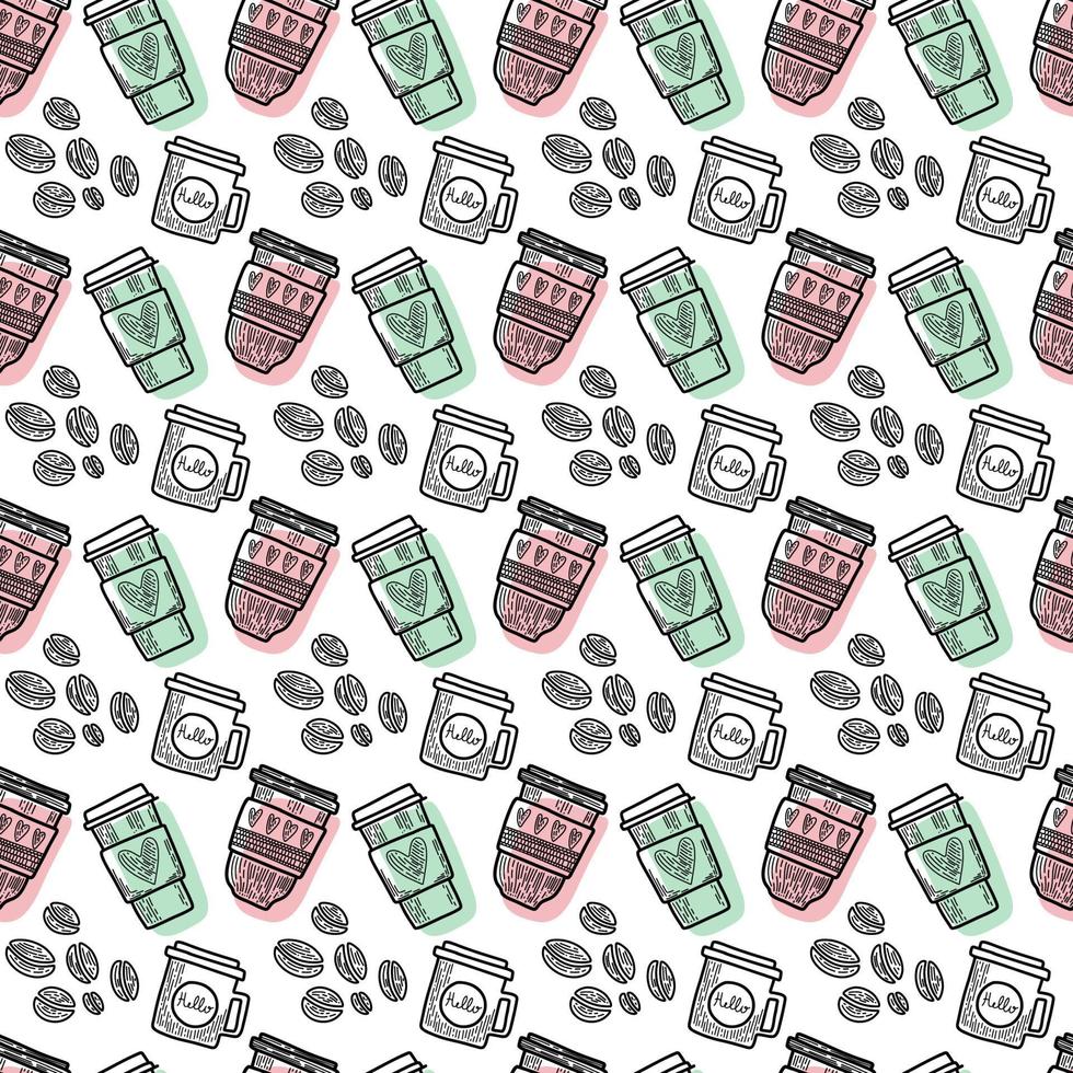 Vector seamless pattern. Outline Illustrations of reusable cups. Coffee and tea mugs for take away drinks. For advertising social media posts printing on paper and fabric.