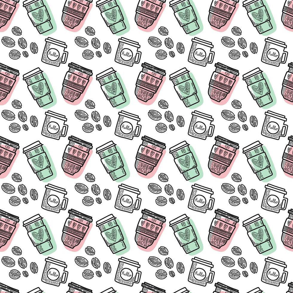 Vector seamless pattern. Outline Illustrations of reusable cups. Coffee and tea mugs for take away drinks. For advertising social media posts printing on paper and fabric.