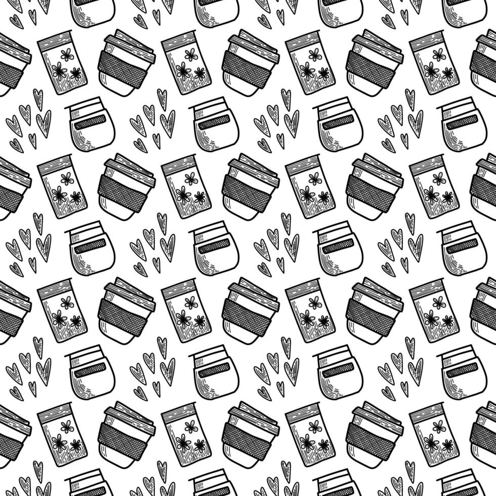 Vector seamless pattern. Outline Illustrations of reusable cups. Coffee and tea mugs for take away drinks. For advertising social media posts printing on paper and fabric.