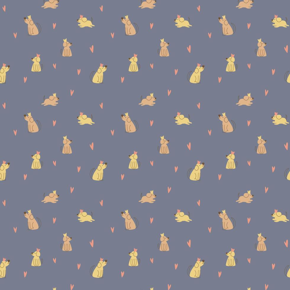 Vector seamless pattern. Cute dogs with crowns and bones. Pets, paws, ears, nose. Funny animals in cartoon style. Cheerful pets for printing in fabric and paper, social media posts and banners.