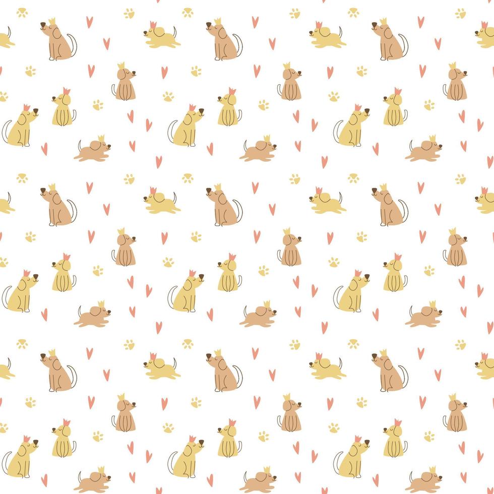 Vector seamless pattern. Cute dogs with crowns and bones. Pets, paws, ears, nose. Funny animals in cartoon style. Cheerful pets for printing in fabric and paper, social media posts and banners.