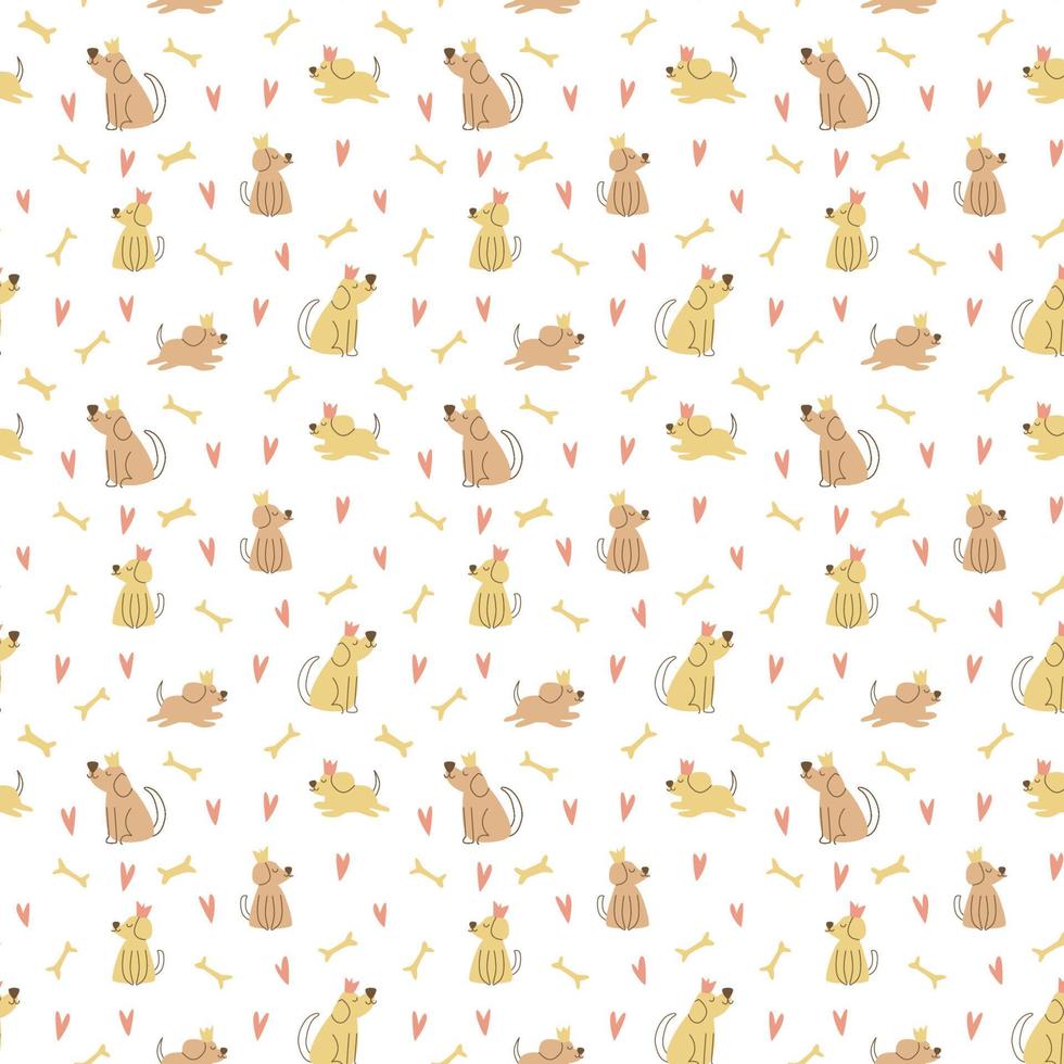 Vector seamless pattern. Cute dogs with crowns and bones. Pets, paws, ears, nose. Funny animals in cartoon style. Cheerful pets for printing in fabric and paper, social media posts and banners.