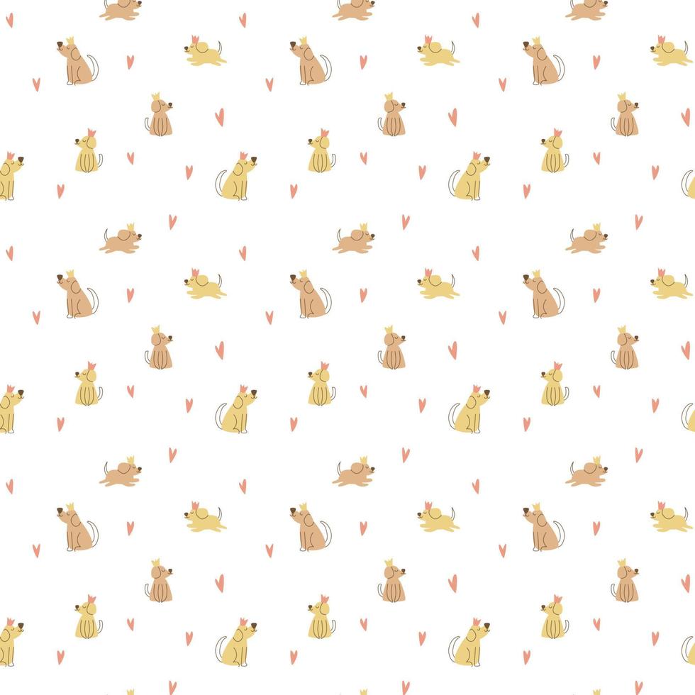 Vector seamless pattern. Cute dogs with crowns and bones. Pets, paws, ears, nose. Funny animals in cartoon style. Cheerful pets for printing in fabric and paper, social media posts and banners.