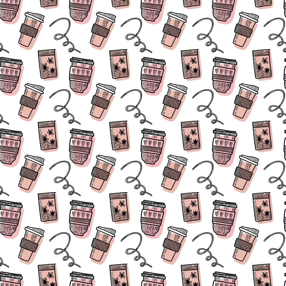 Vector seamless pattern. Outline Illustrations of reusable cups. Coffee and tea mugs for take away drinks. For advertising social media posts printing on paper and fabric.