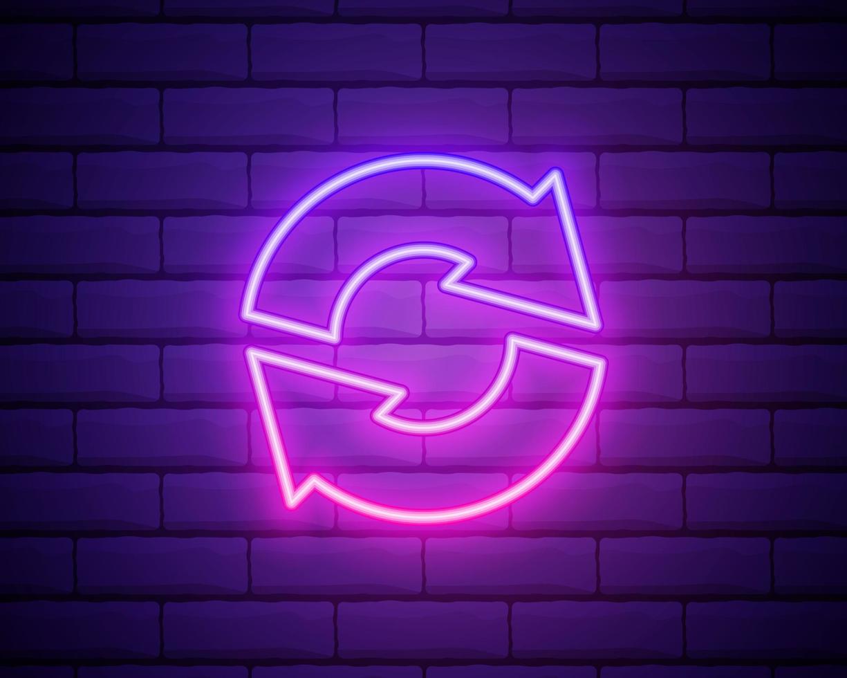 Glowing neon line Refresh icon isolated on brick wall background. Reload symbol. Rotation arrows in a circle sign. Vector Illustration