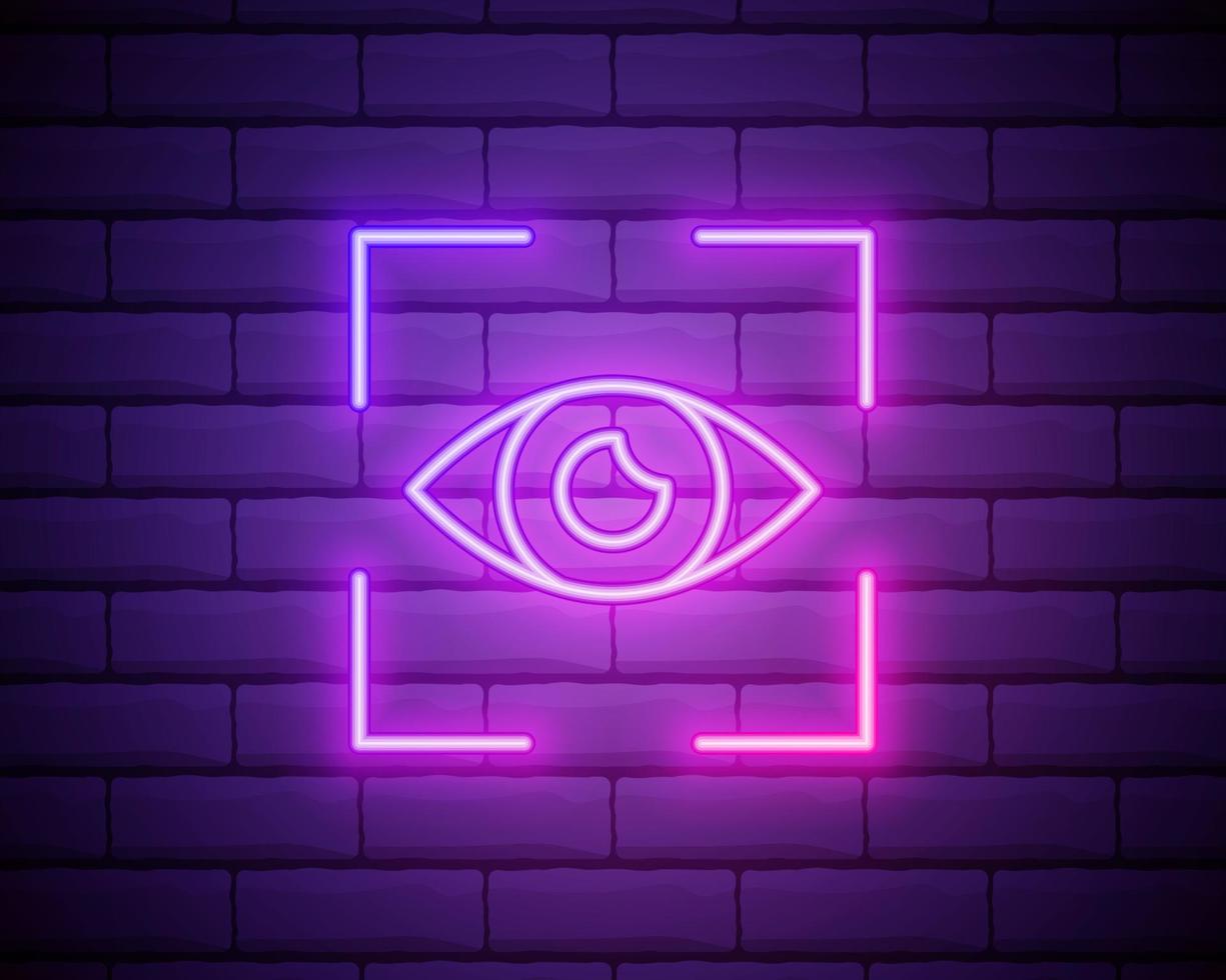 Glowing neon line Eye scan icon isolated on brick wall background. Scanning eye. Security check symbol. Cyber eye sign. Vector Illustration.