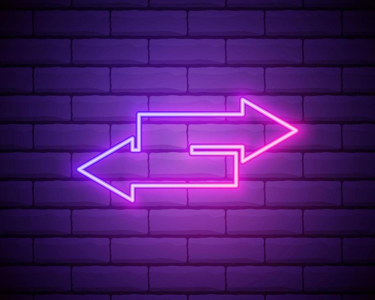 Neon arrow sign. Glowing neon arrow pointer on brick wall background. Retro signboard with bright neon tubes. Vector. vector