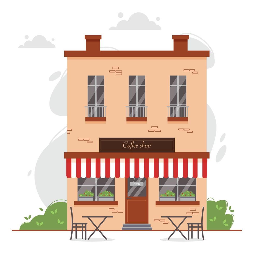 Coffee house facade with terrace. vector