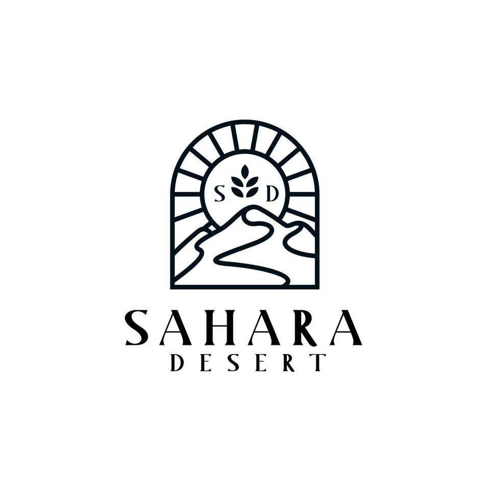 Outline Sahara desert logo with sun and leaf. Bohemian Sahara desert logo vector
