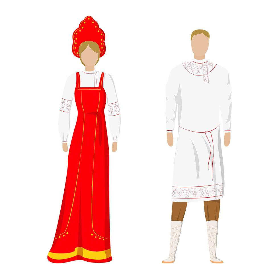 una niña y un hombre con trajes de fiesta nacional folclórica rusa - vector