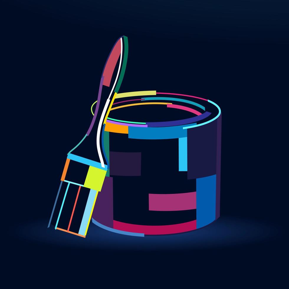 Abstract paint bucket for renovation with brush from multicolored paints. Colored drawing. Vector illustration of paints