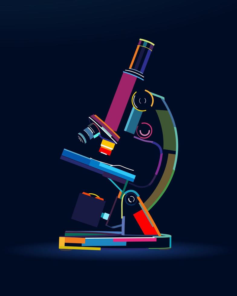 Abstract microscope biological, pharmaceutical magnifying instrument from multicolored paints. Colored drawing. Vector illustration of paints