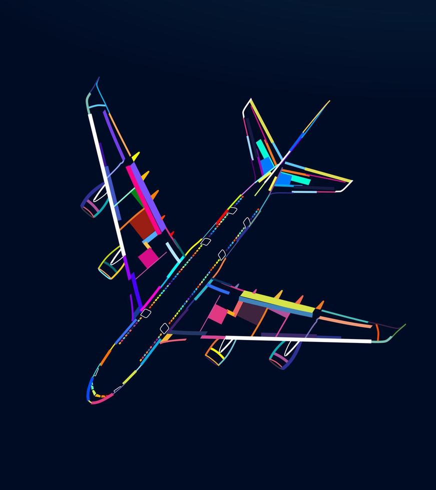 Abstract airplane, passenger plane top view, commercial aircraft from multicolored paints. Colored drawing. Vector illustration of paints