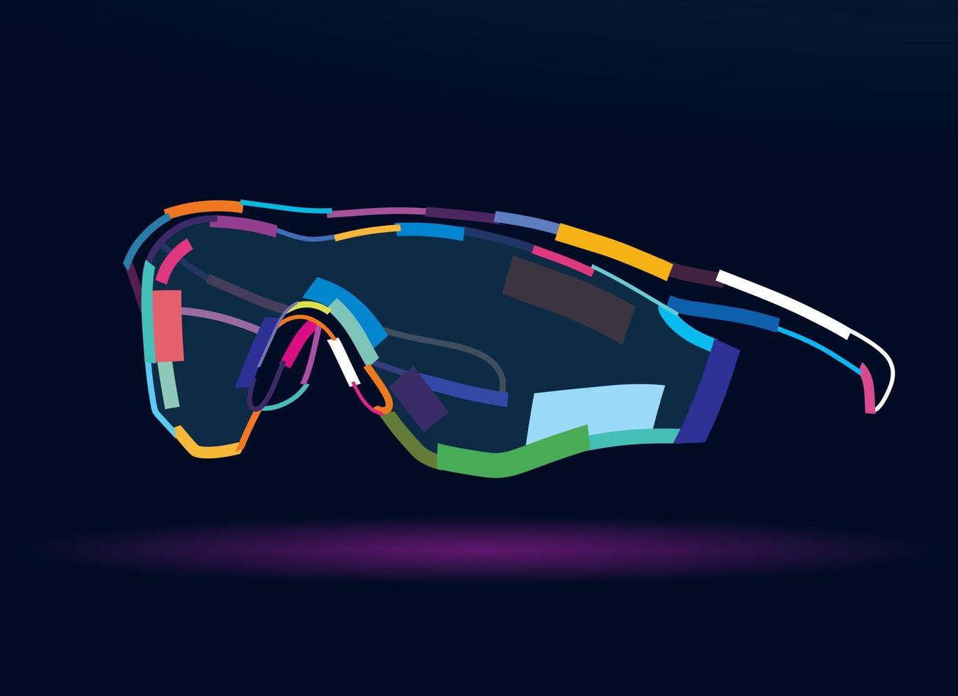 Abstract cycling sunglasses. Modern stylish sports bike sunglasses from multicolored paints. Colored drawing. Vector illustration of paints