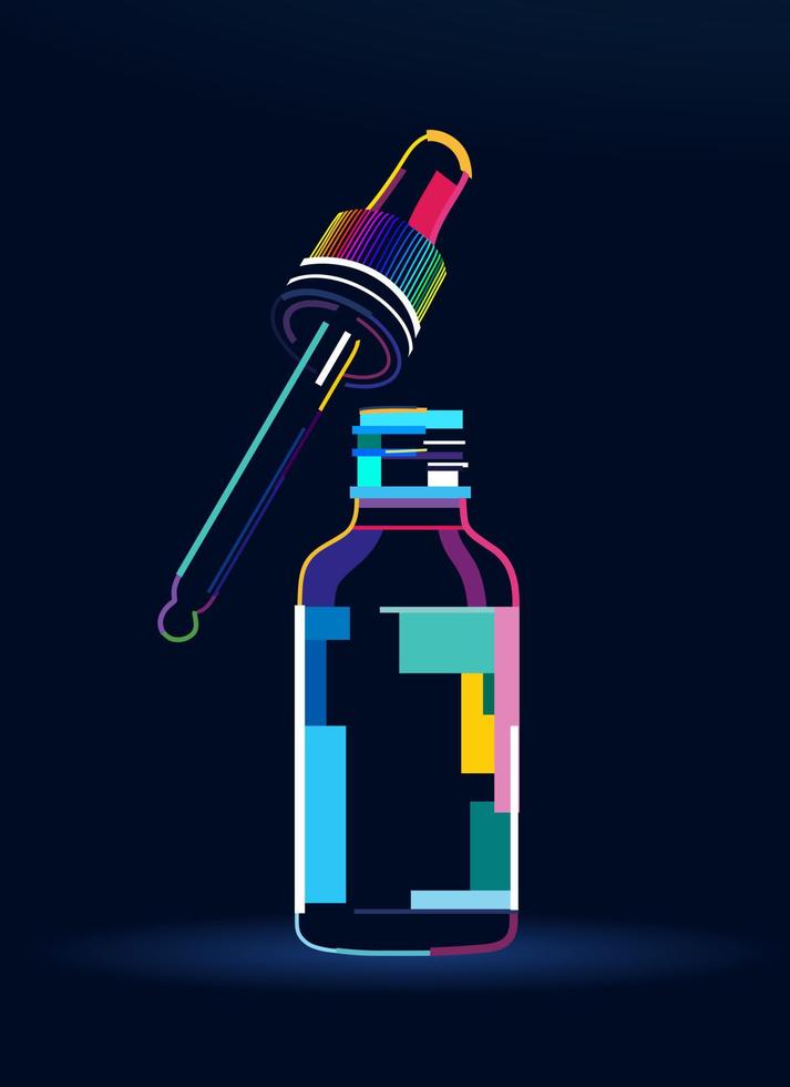 Abstract cosmetic dropper bottle. Serum bottle with drop pipette mockup. Flask for medicine from multicolored paints. Colored drawing. Vector illustration of paints