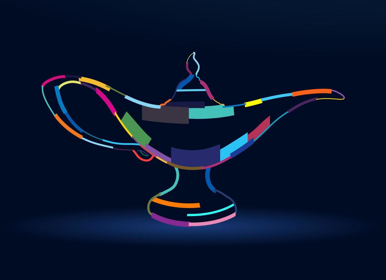 Abstract Aladdin magic lamp, wish lamp from multicolored paints. Colored drawing. Vector illustration of paints