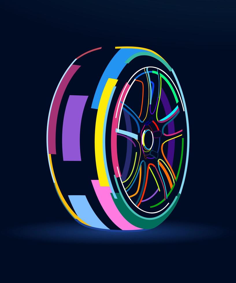 Abstract car wheel, wheel disc and tire, colorful drawing. Vector illustration of paints