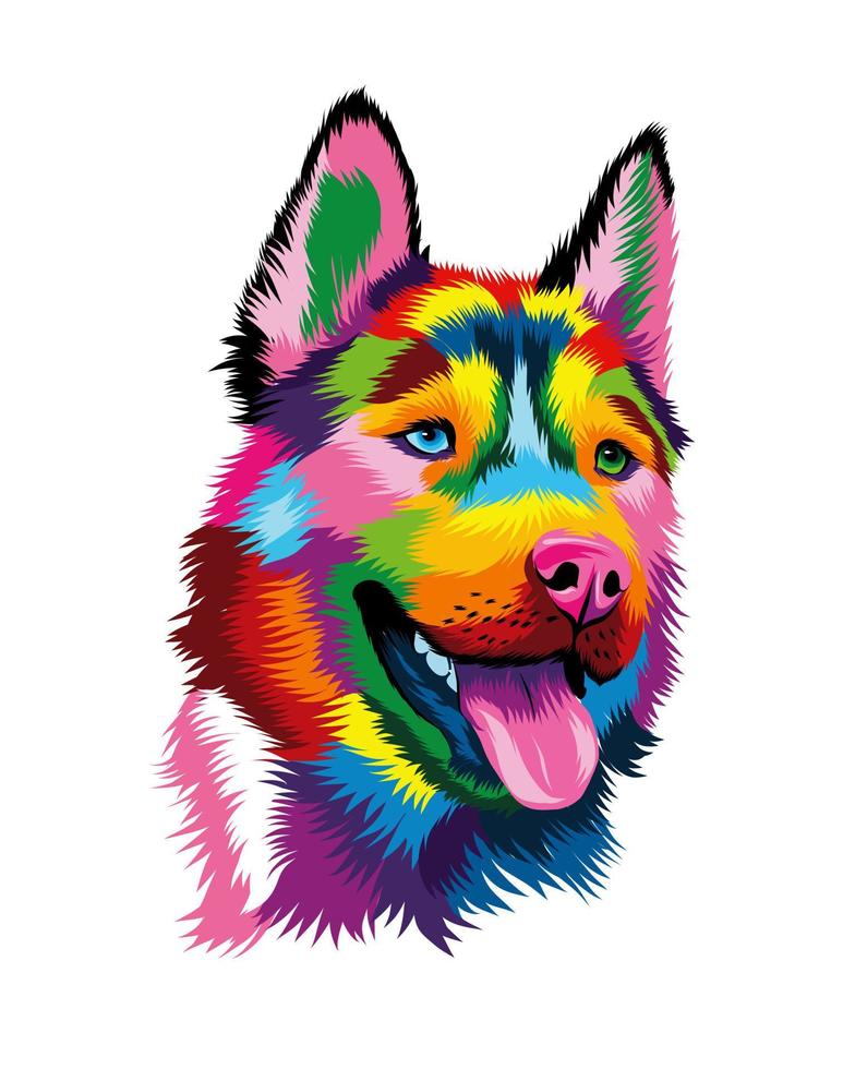 Abstract head portrait of siberian husky from multicolored paints. Puppy muzzle portrait, dog muzzle. Colored drawing. Vector illustration of paints