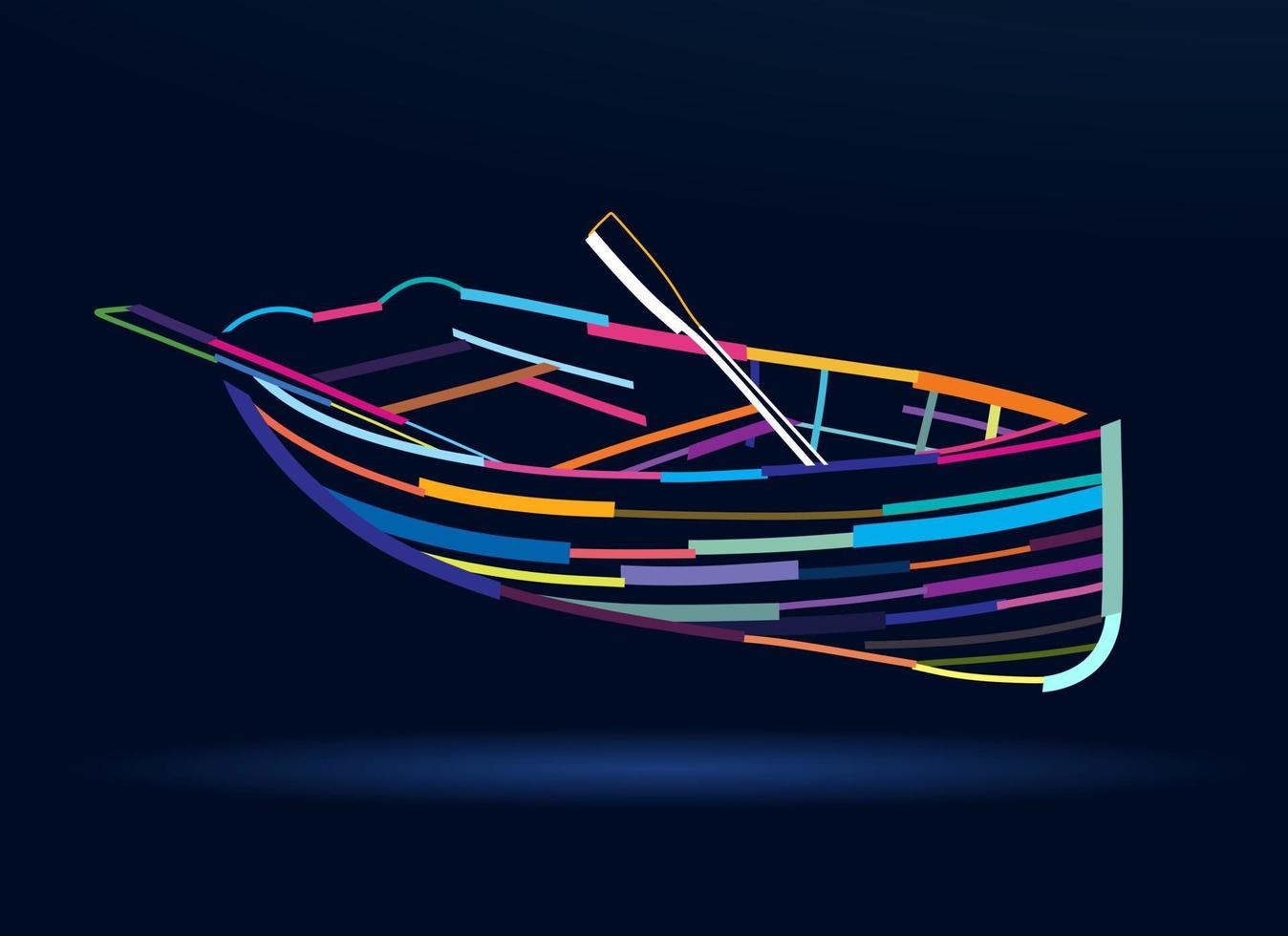 Abstract wooden boat with oars from multicolored paints. Colored drawing. Vector illustration of paints