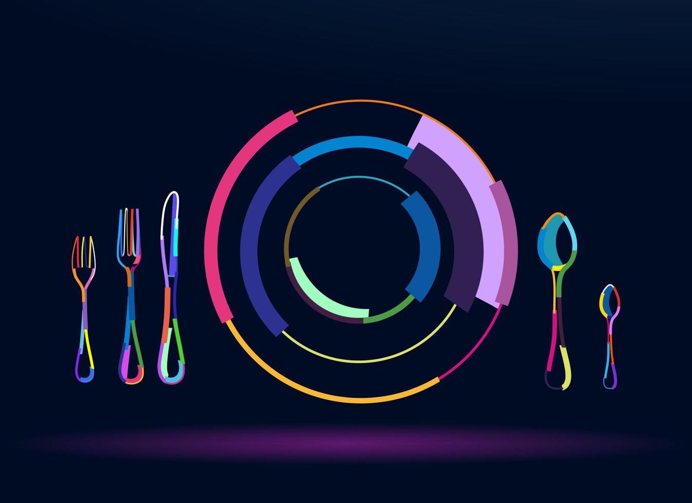 Abstract table setting top view. Empty plate spoon fork and knife from multicolored paints. Colored drawing. Vector illustration of paints