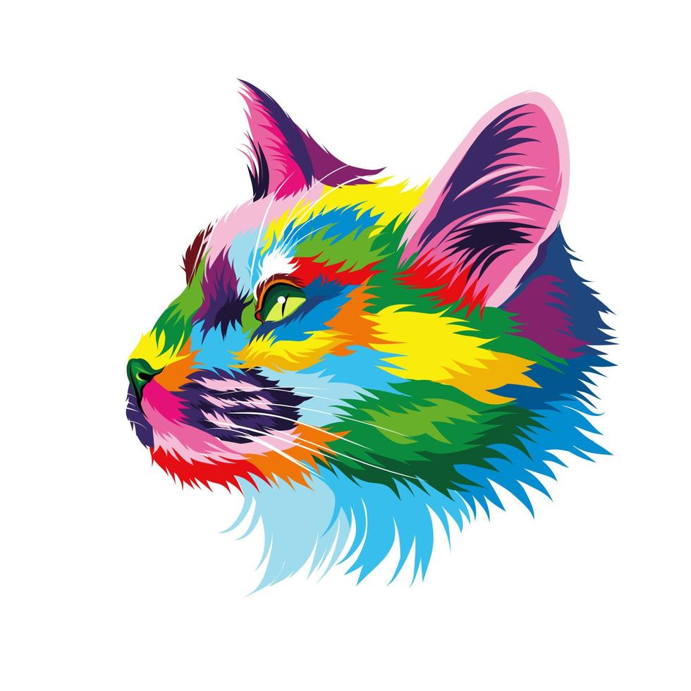 Abstract Kitten face portrait, cat face from multicolored paints. Colored drawing. Portrait of a muzzle of a kitten, muzzle of a cat. Vector illustration of paints