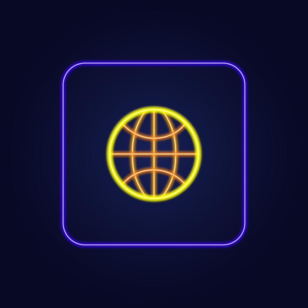 Stylish yellow neon icon in a blue frame in the form of a globe - Vector