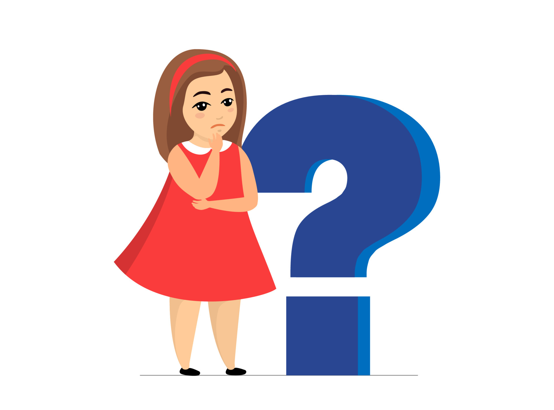 Confused girl standing near large blue question mark on white background. Concept of getting knowledge by thoughtful young female. Ask questions and look for answers concept. Vector eps illustration 5731368 Vector Art Confused girl standing near large blue question mark on white background. Concept of getting knowledge by thoughtful young female. Ask questions and look for answers concept. Vector eps illustration 5731368 Vector Art