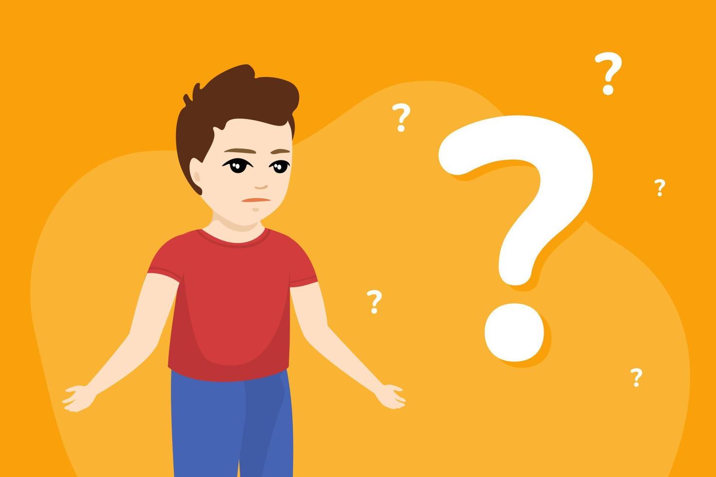 Confused boy standing near large question mark on orange background. Concept of getting knowledge by thoughtful young male. Ask questions and look for answers concept. Vector eps illustration