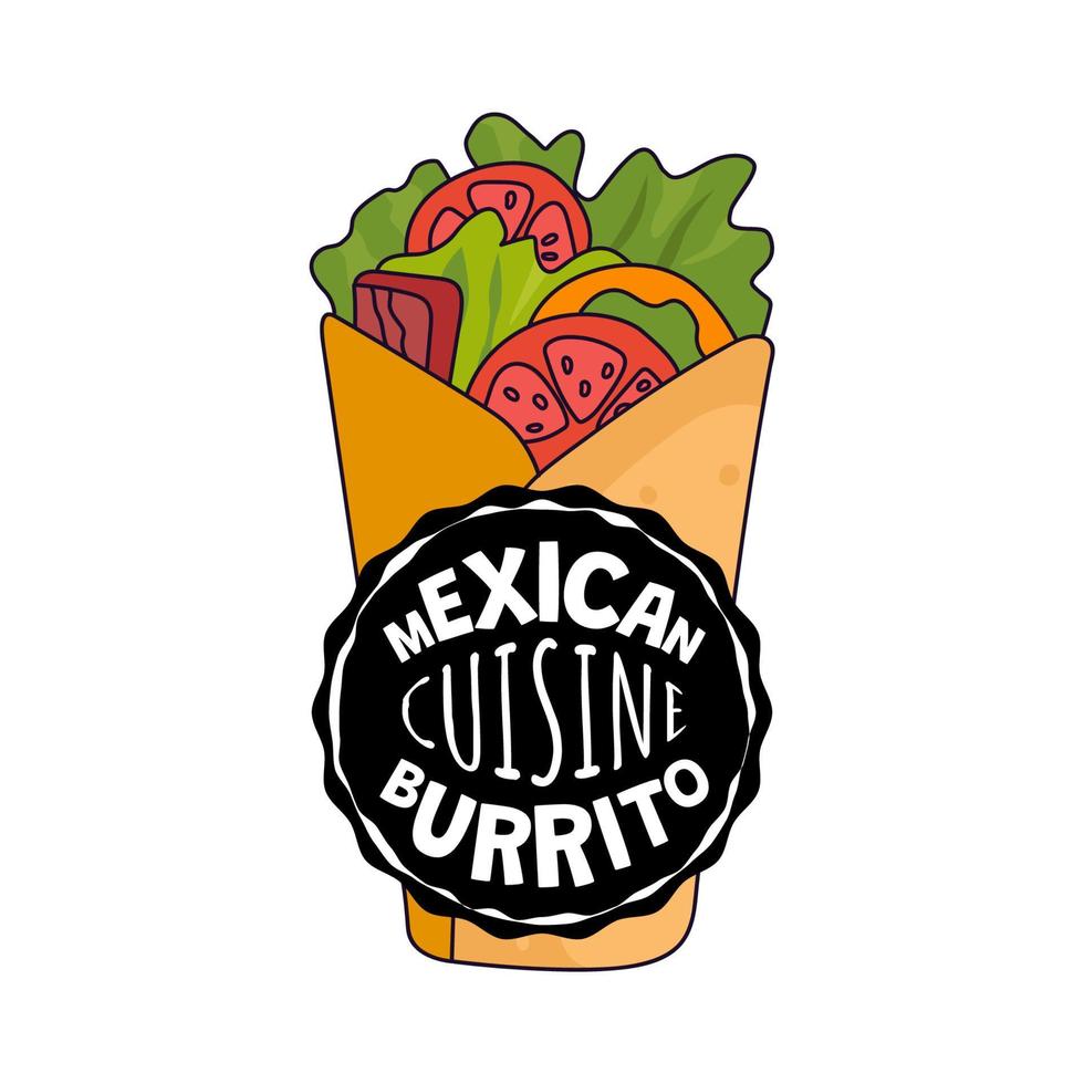 signo de burrito mexicano. banner publicitario de restaurante, cafetería o restaurante de comida rápida de méxico. Sándwich envuelto en volante de burritos de cocina latinoamericana. plato tradicional en tortilla de maíz vector eps ilustración