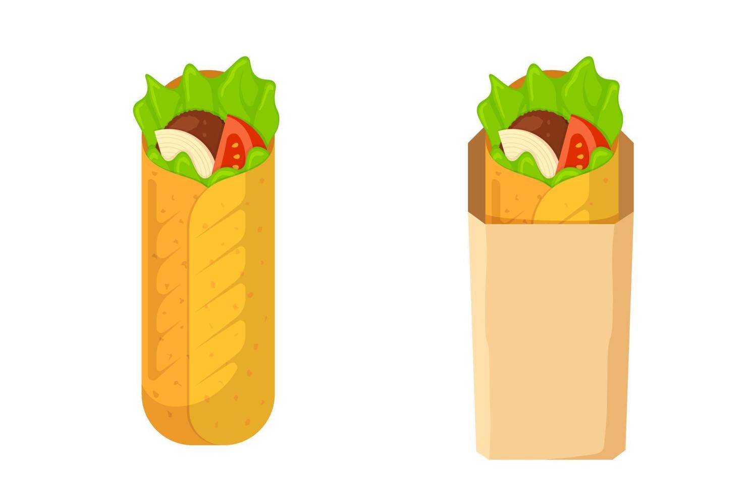 Shawarma take out fast food meat roll in paper packaging. Arabic eastern toasty doner kebab meal. Cartoon shaurma or burrito. Shawerma set flat vector eps illustration