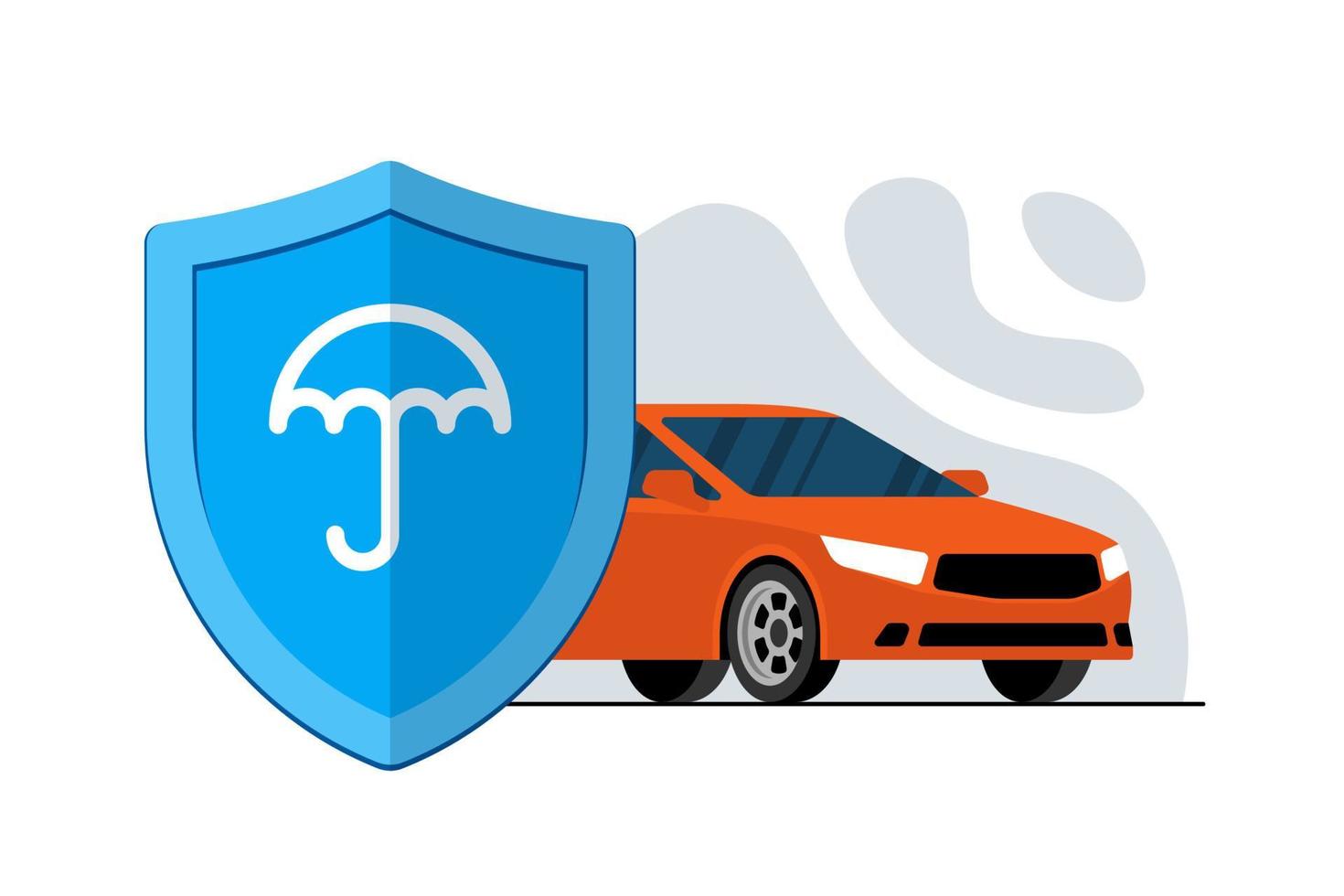 Car insurance or security banner concept. Umbrella on blue shield sign with automobile. Transport protection and safety advertising design. Auto vehicle guard service vector eps illustration