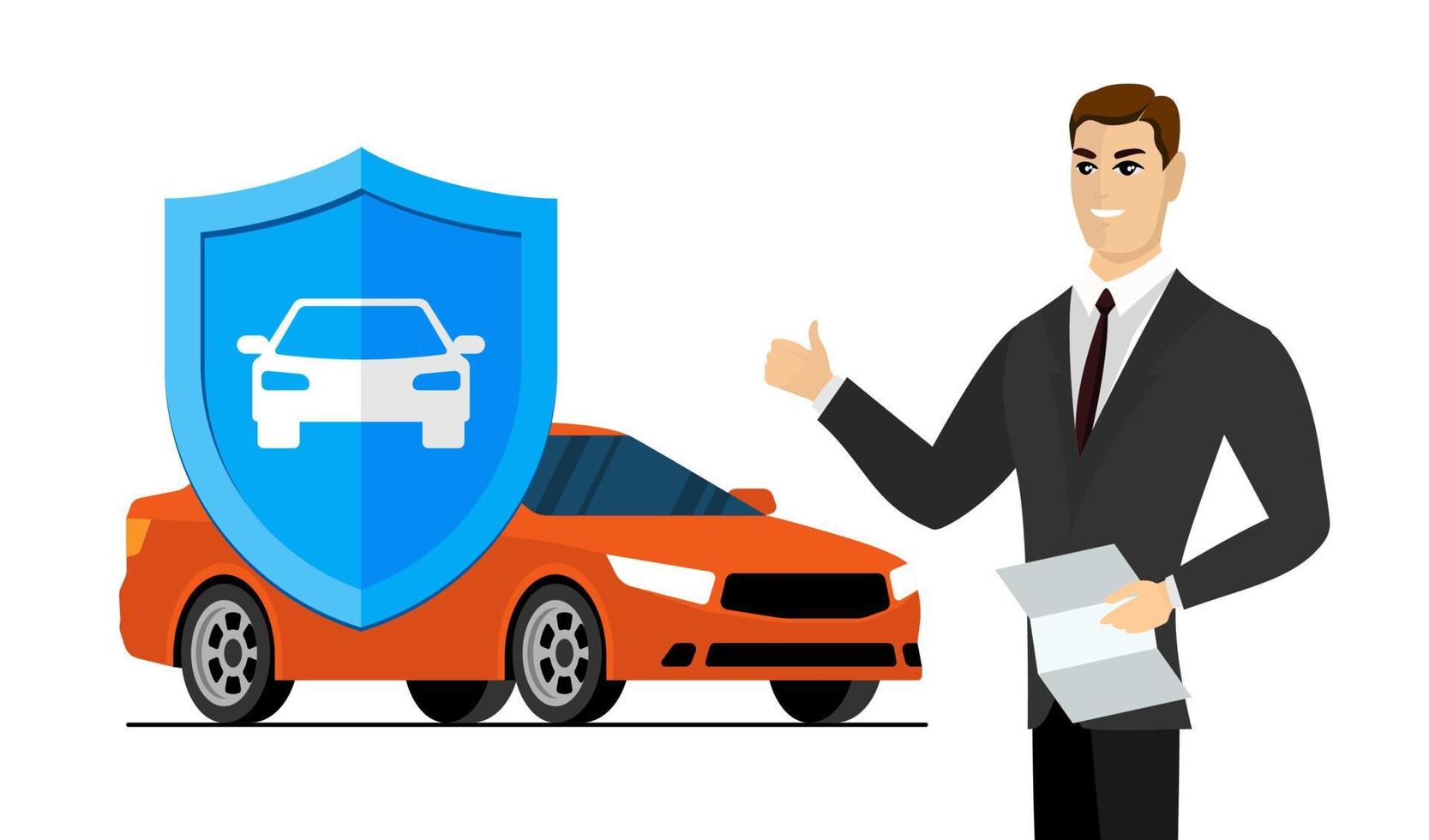 Car insurance in service center banner. Businessman with document shows thumbs up. Blue shield sign with automobile. Transport protection and security advertising design. Auto vehicle guard service vector