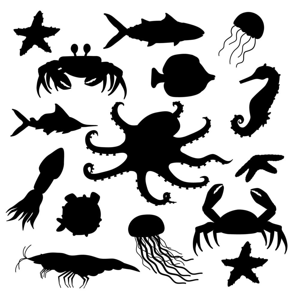 Set of black white silhouette cartoon isolated sea ocean shape animals. Doodle vector shrimp, sea Horse, jellyfish, fish, stars, crab, octopus in flat style on white background