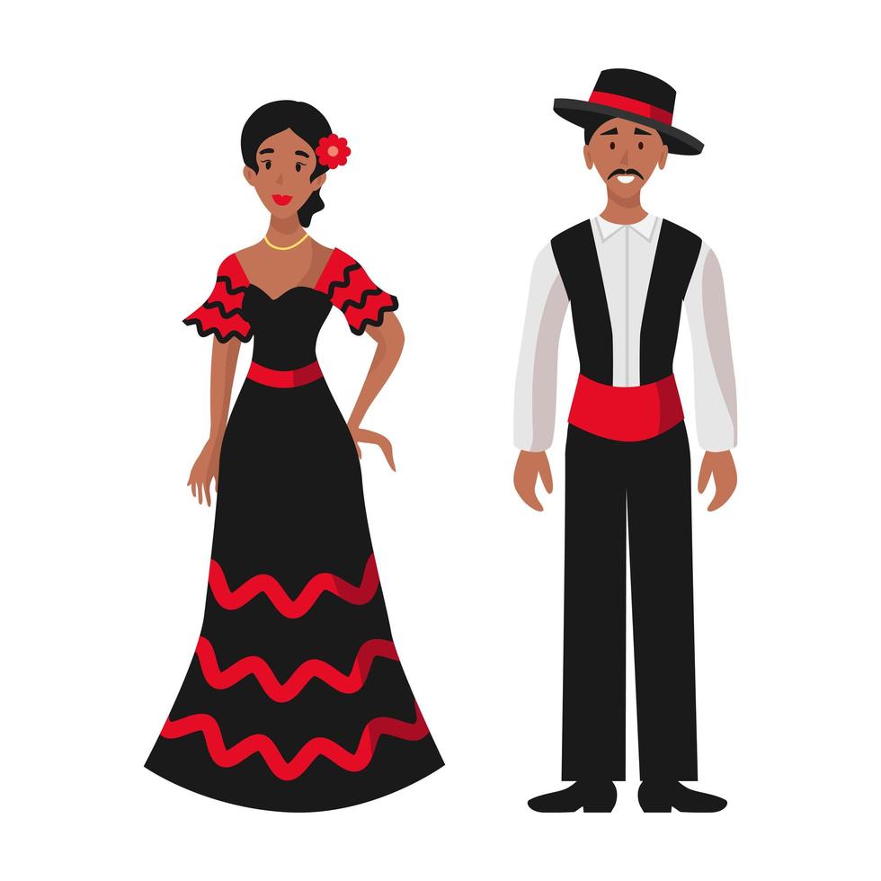 niña y hombre en trajes festivos nacionales folclóricos españoles - vector