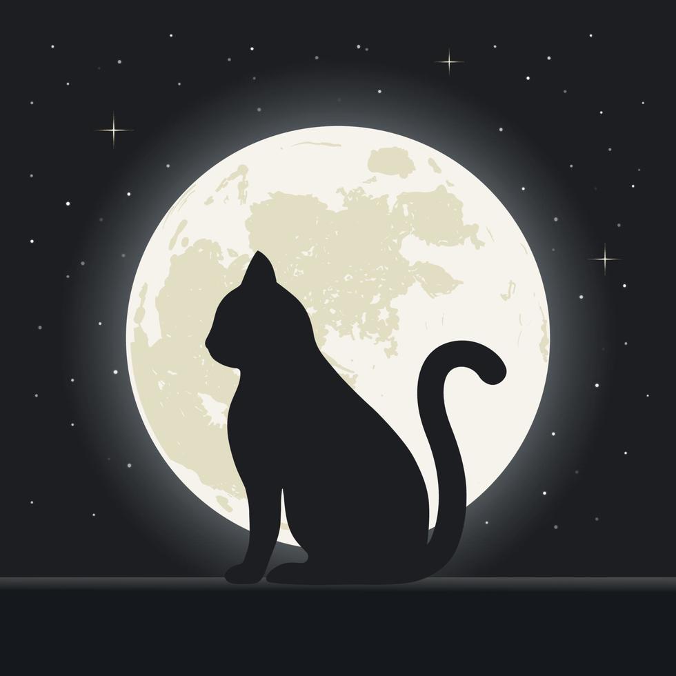 gato negro sobre un fondo del cielo nocturno con estrellas y la luna vector