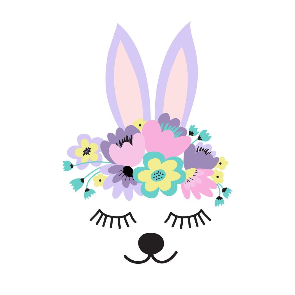 The face of a cute rabbit, a wreath of flowers on his head. Eyes closed and smiling. Vector illustration on a white background