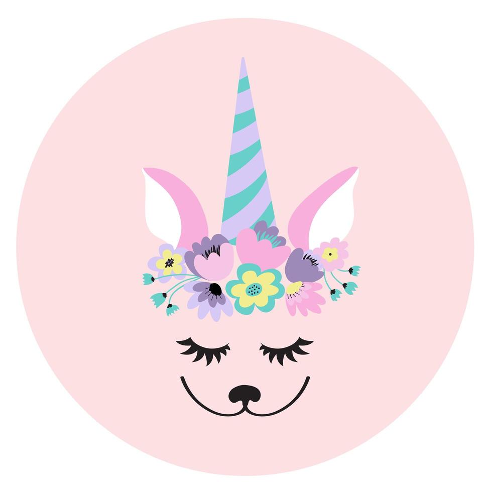 PrintThe face of a cute unicorn, a wreath of flowers on his head. Eyes closed and smiling. Vector illustration on a pink background