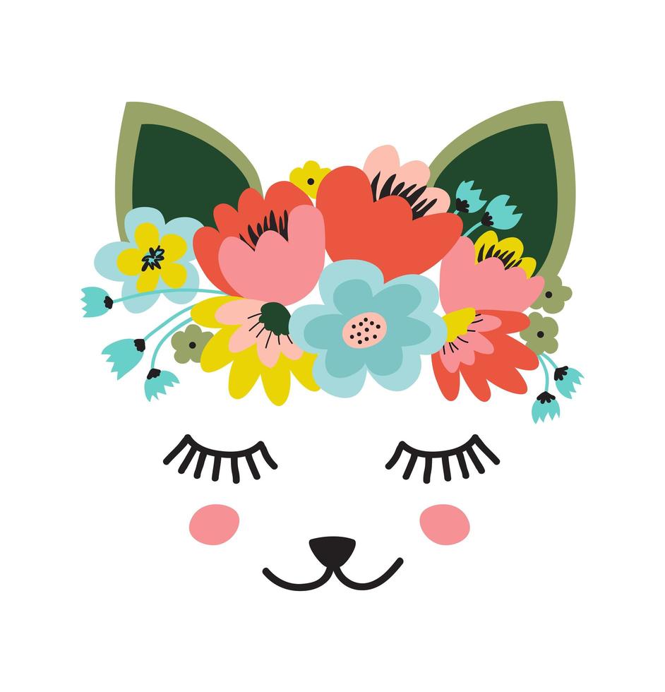 The face of a cute cat, a wreath of flowers on his head. Eyes closed and smiling. Vector illustration on a white background