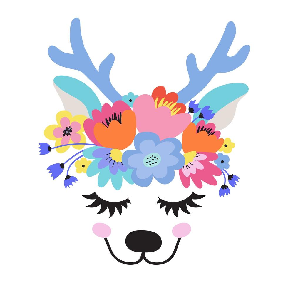 The face of a cute deer, a wreath of flowers on his head. Eyes closed and smiling. Vector illustration on a white background