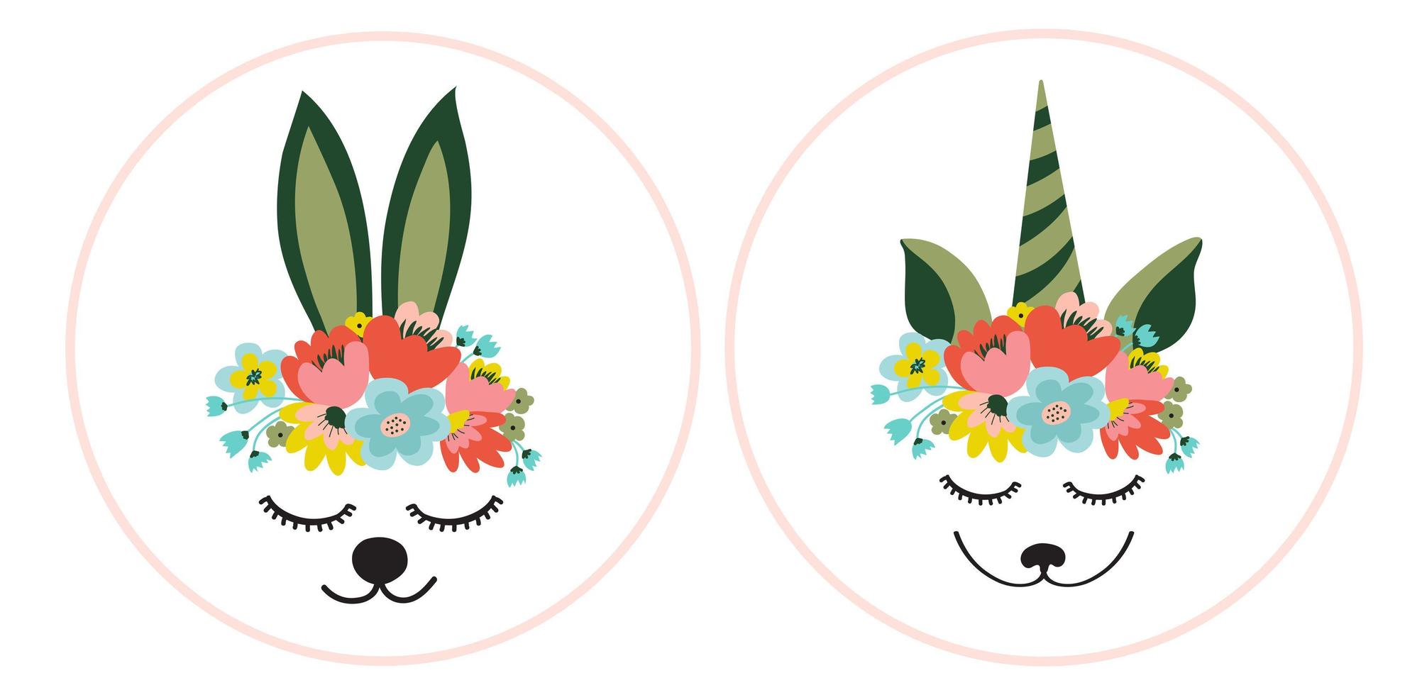 The face of a cute unicorn and hare, a wreath of flowers on his head. Eyes closed and smiling. Vector flat illustration