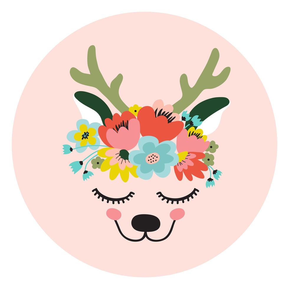 The face of a cute deer, a wreath of flowers on his head. Eyes closed and smiling. Vector illustration on a pink background