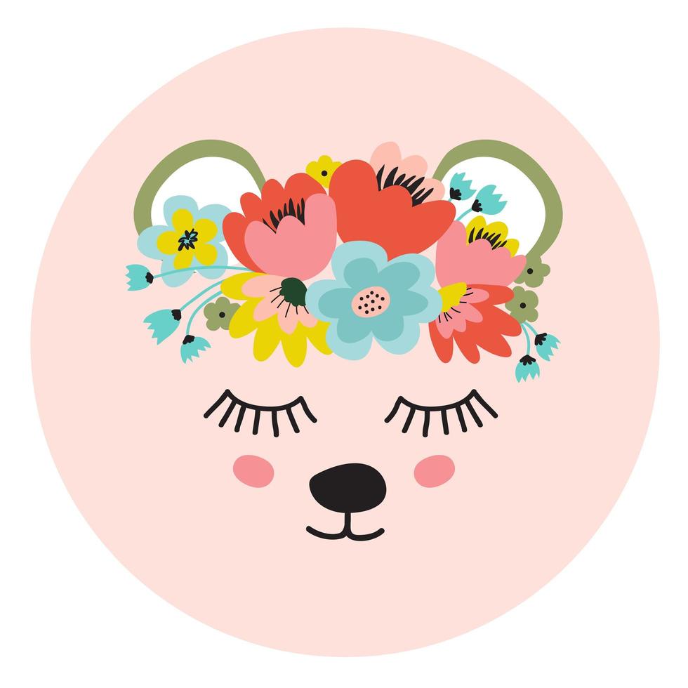 The face of a cute bear, a wreath of flowers on his head. Eyes closed and smiling. Vector illustration on a pink background