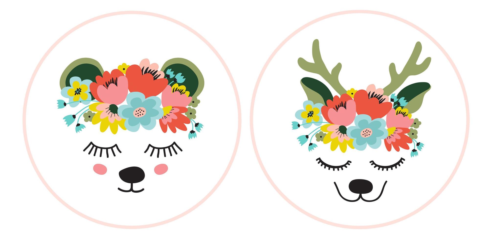 The face of a cute deer and bear, a wreath of flowers on his head. Eyes closed and smiling. Vector flat illustration